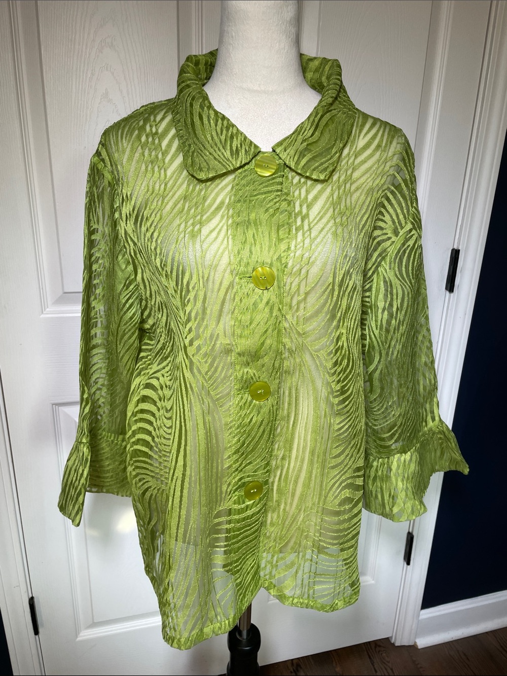Citiknits Sheer Lime Green Zebra Print Button Front Blouse Jacket Top Size L